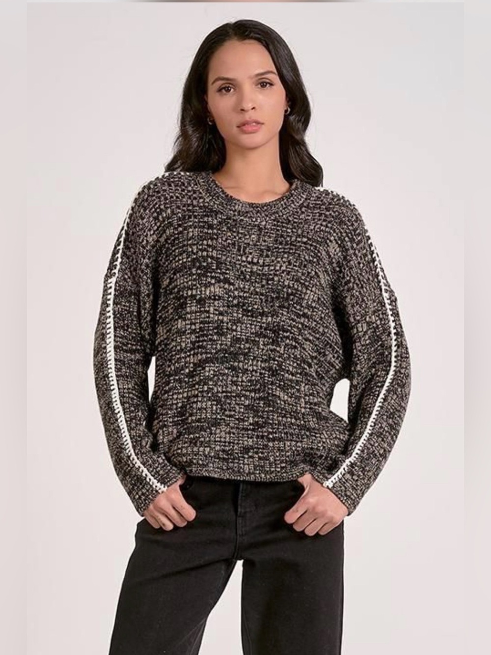 Elan Ribbed Blanket Switch Sweater Black Tan Size L NWT